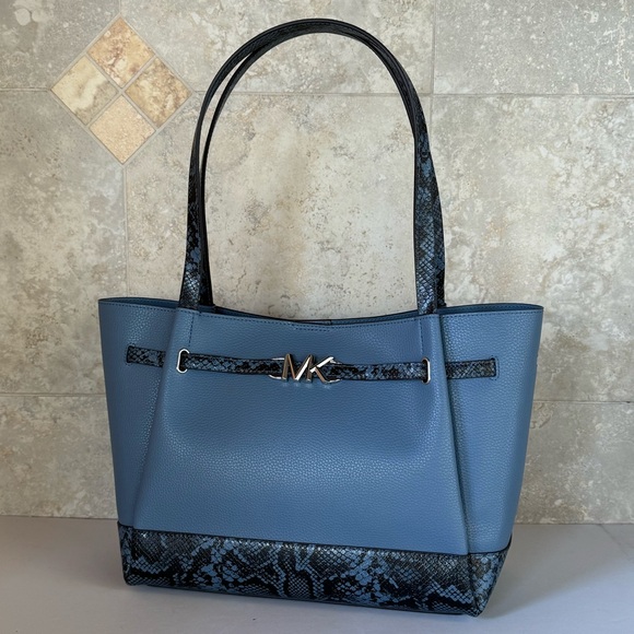 Michael Kors Reed Large Belted Shoulder Tote Leather Bag Denim Exotic Accents - Picture 5 of 15